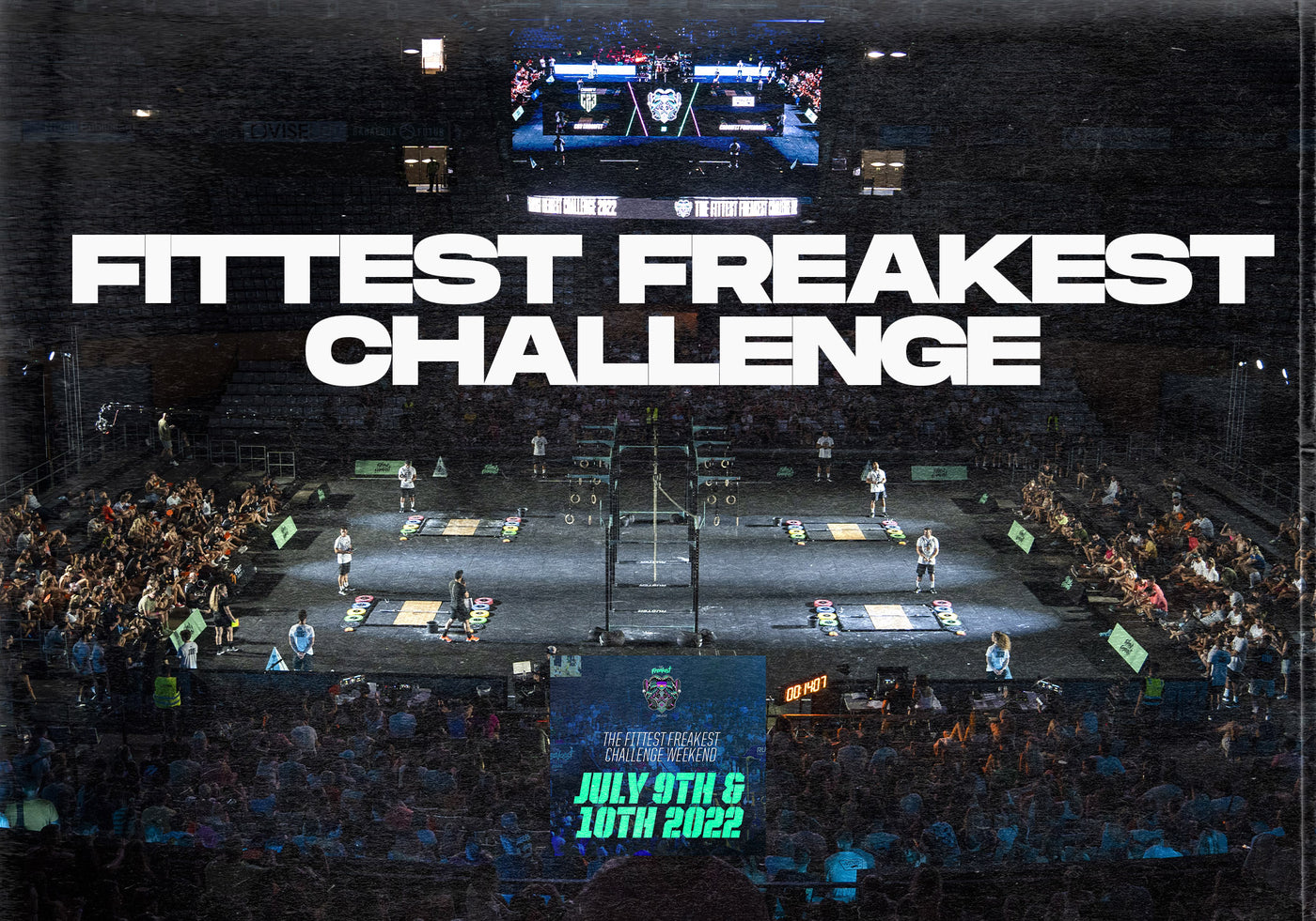 A vibrant scene from The Fittest Freakest Challenge featuring athletes competing, with American Socks branding visible.